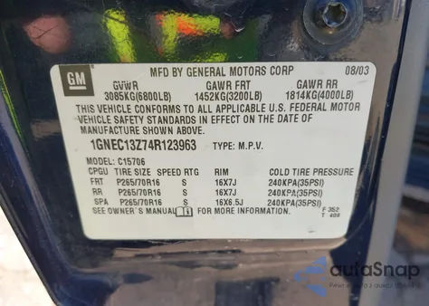 2004 Chevrolet Tahoe Ls из США, поврежденный, VIN 1GNEC13Z74R123963